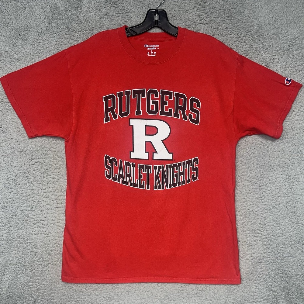 VTG Champion Rutgers Scarlet Knights T Shirt Men's Size L Red Embroidered Tee